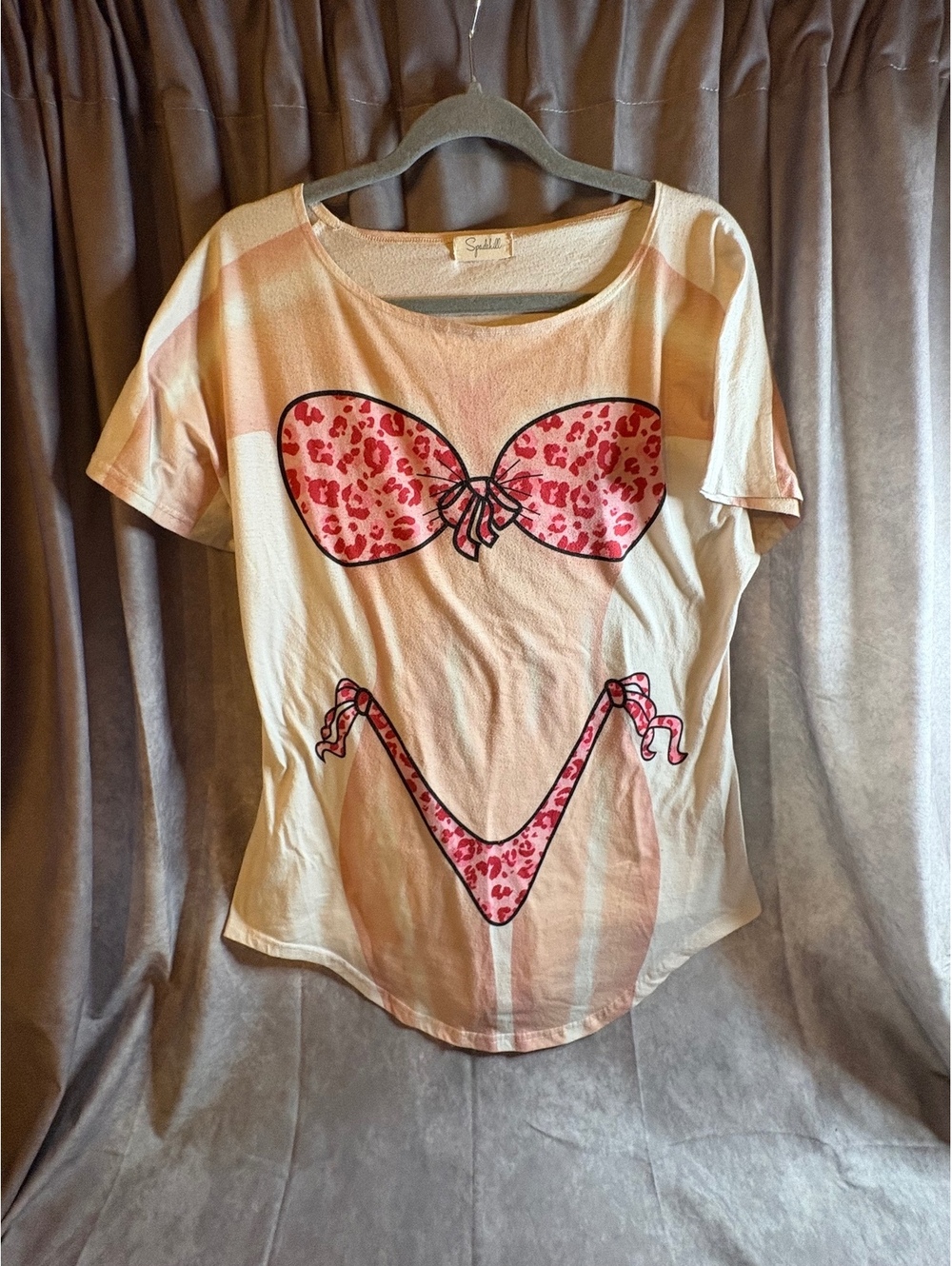 Spalding Women’s Bikini Graphic T Shirt Pink Leopard Print Size S Y2K Style